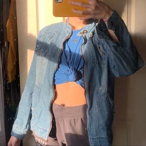 Distressed denim zip up